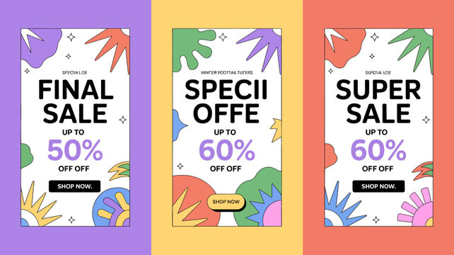 sale advertisement posters colorful vector discount offer promotion final super specia percent off shop now button text graphic design marketing retail