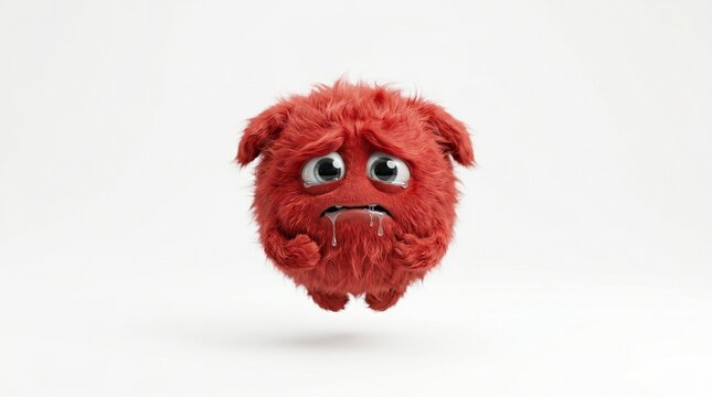A drooling red furry ball character floating on a white background, featuring realistic fur and a craving, eager expression.