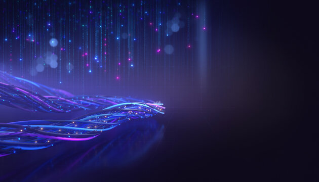 An abstract futuristic background of glowing data streams and neon blue and purple