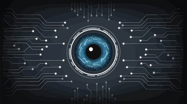 digital eye on circuit board vector futuristic technology blue iris pupil electronic network data connectivity science innovation interface monitoring sensor artificial