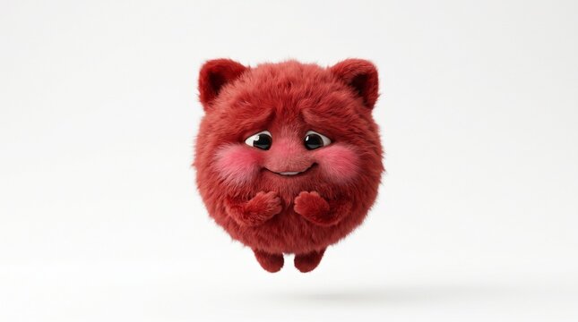 An embarrassed red furry ball character floating on a white background, featuring blushing cheeks, realistic fur, and a shy expression.