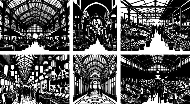 Set of black and white market and shopping arcade illustrations depicting bustling bazaar interiors and indoor floral stores