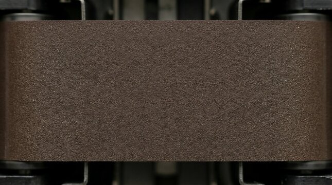 Brown abrasive sanding belt on a machine for industrial woodworking and metal grinding