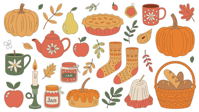 autumn themed colorful illustration pumpkin apple pie tea pot socks bread basket candle jar leaves seasonal fall vector pattern food drink