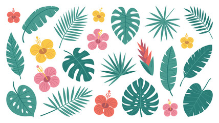 tropical leaves and flowers vector illustration botanical floral pattern design nature exotic plant monstera hibiscus palm banana leaf flower artwork graphic © Raian