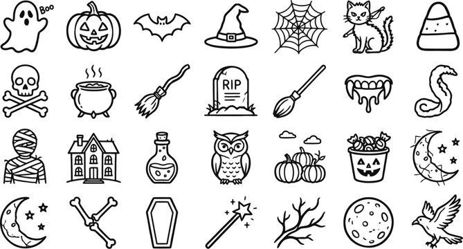 Minimalist Halloween line icon set: cute vector elements bundle