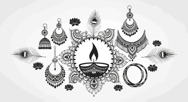 Intricate black and white illustration of traditional Indian jewelry and a glowing diya lamp.