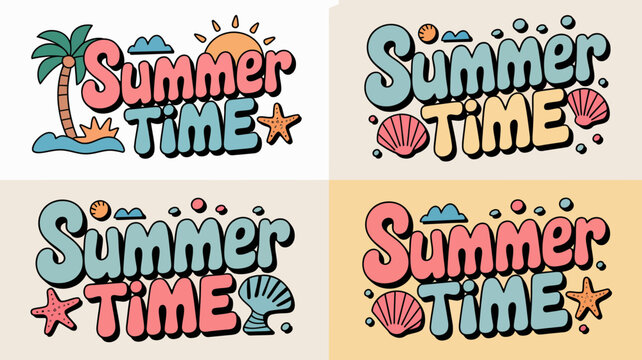 summer time text collage vector illustration seasonal holiday beach vacation palm tree shell starfish sunset cloud colorful design graphic element pattern