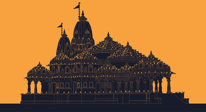 A detailed silhouette illustration of the grand Ram Mandir temple architecture.