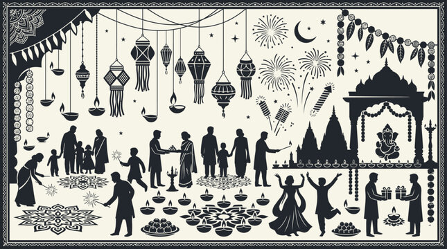 Silhouettes of Indian families celebrating Diwali festival with lamps and decorations.