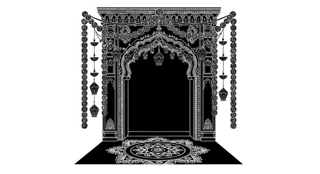 Ornate traditional Indian archway with hanging lamps and intricate floor rangoli design.