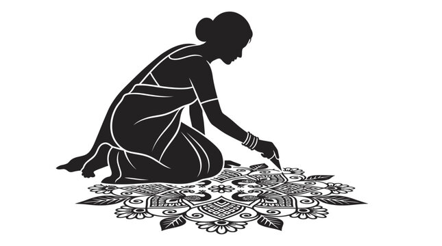 Silhouette of an Indian woman creating a traditional Rangoli floor art design.