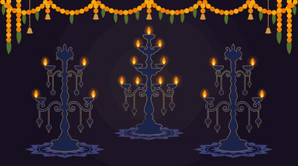 Three ornate dark blue metal candle stands with glowing warm lights. © Joko santoso