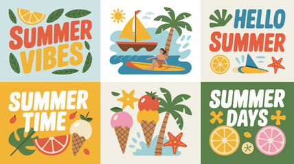 summer themed collage vector vibes time days sailboat palm tree ice cream orange slice sun beach holiday travel vacation festive colorful © Raian