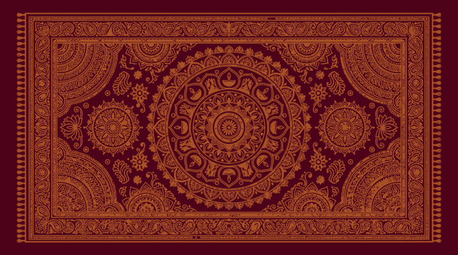 Intricate maroon and gold mandala pattern rug design.