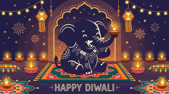 A cute stylized elephant illustration celebrating the festival of Diwali.