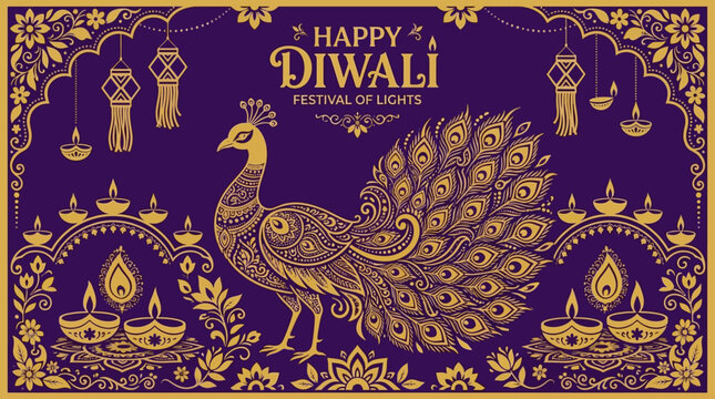 Intricate golden peacock illustration for Diwali festival celebration.