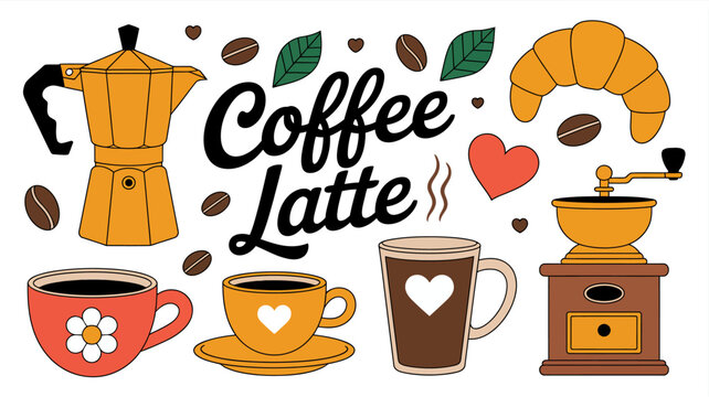 coffee latte illustration with cups mugs beans croissant espresso pot grinder heart leaf orange black white background flat icon food beverage