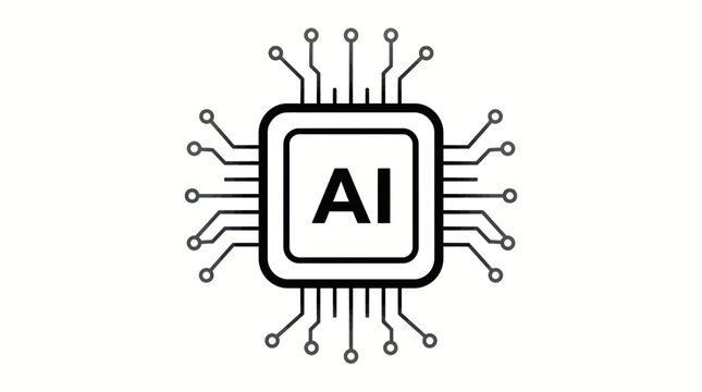 Vector graphic illustration of a microchip with AI on a white background with circuit board design elements and lines
