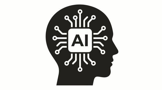 Black and white vector illustration of a human head with a microchip containing AI in the brain representing artificial intelligence and technology