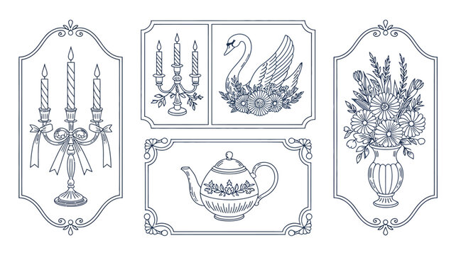 five elegant blue tone illustrations on white background candelabra swan flowers teapot vase line art ornate frames decorative classical design pattern