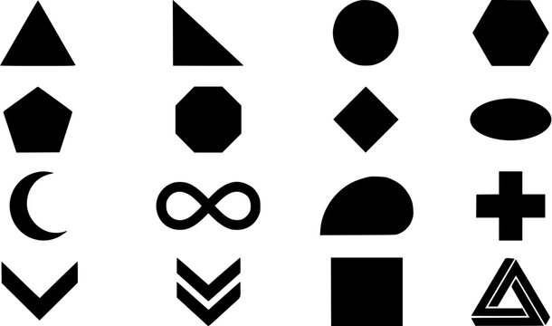 Set of basic geometric shapes and universal symbols in black silhouettes isolated on a white background