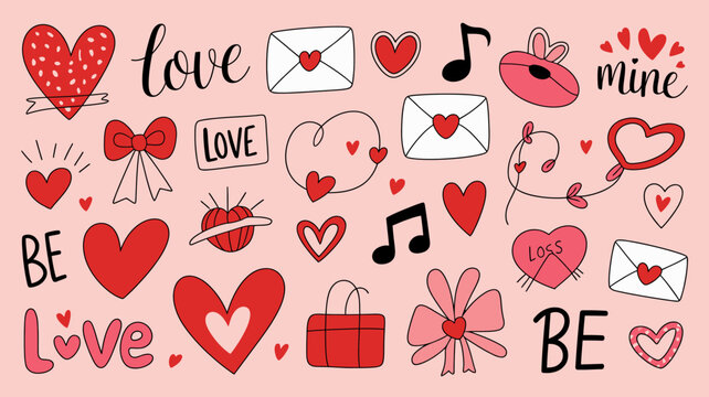 love themed doodles on pink background hearts envelopes music notes bows flowers romance valentine illustration vector pattern design sentimental affection relationship