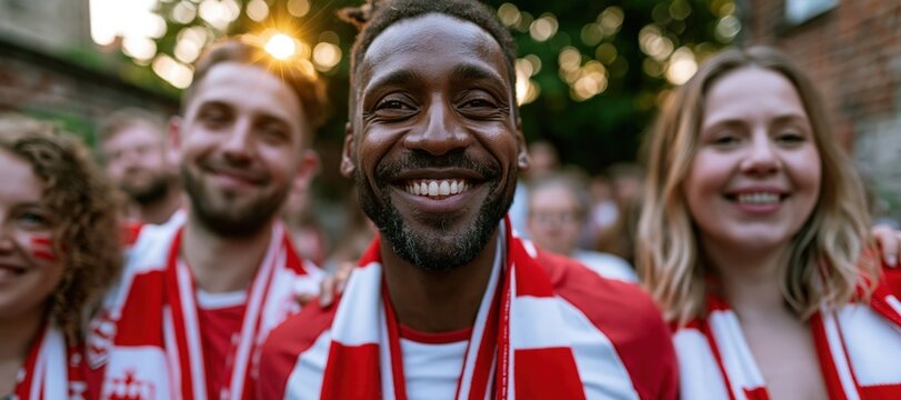 Diverse group of sports fans celebrating together at outdoor watch party