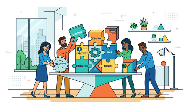 Diverse team building a puzzle of business strategy, growth, and tech.