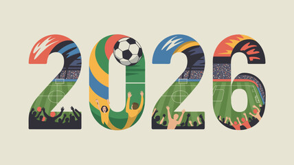 massive 2026 typography with soccer elements ball football stadium crowd players goalkeeper sports vector illustration graphic design event tournament year numbers © Raian