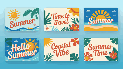 summer themed cards vector travel coastal vibe hello time sun beach waves flowers leaves blue orange red green seasonal holiday vacation © Raian