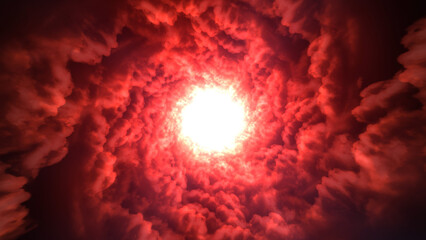 Fototapeta premium Abstract fiery red cloud vortex with intense glowing core. Red background. Dramatic energy tunnel of smoke and plasma, symbolizing explosion, power surge, cinematic storm spiral