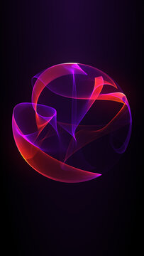 Abstract vibrant magenta orange violet energy 3D sphere formed by flowing luminous ribbons. Dynamic plasma field with smooth wave contours on dark background. Artificial intelligence core vertical