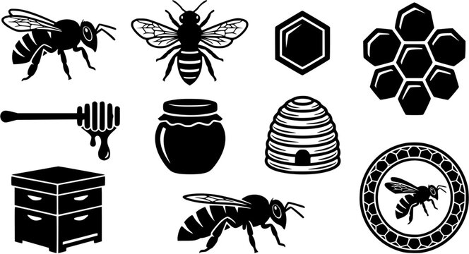 Set of black silhouette icons featuring honeybees, honeycomb, beehives, and honey dipper
