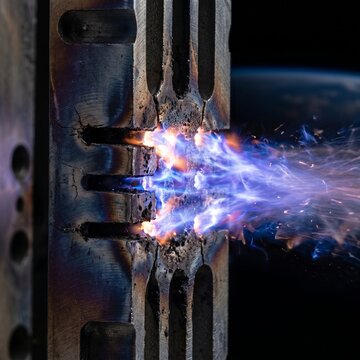 Detailed Cross-Section Of A Hypergolic Fuel Injector During Ignition With Blue Flames And Sparks In A Studio Shot