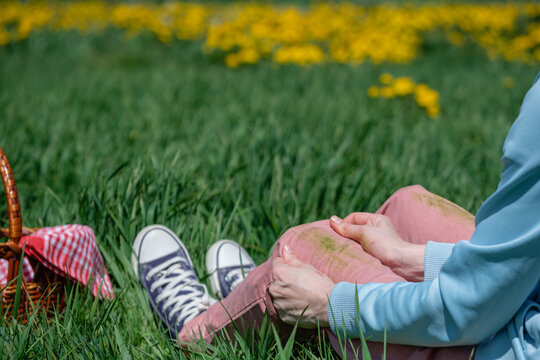 Person showing green grass stains on pink jeans while sitting during picnic on grass field and yellow flowers background