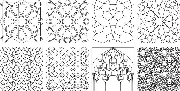 Set of Islamic geometric patterns and traditional arabesque motifs with star and polygon shapes for architectural or decorative design.