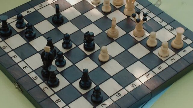 Chess match in progress with wooden pieces on board