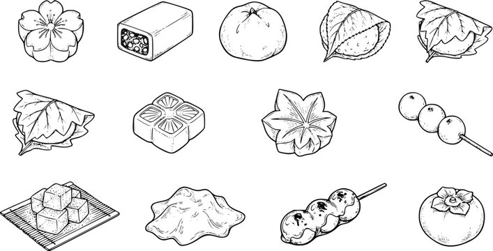 Set of hand drawn traditional Japanese wagashi sweets including mochi, dango and sakura flavored treats with ink style line art illustration