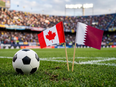 Canadian and qatari flags with football on green field
