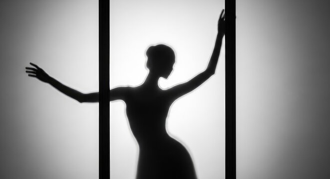 Elegante silhouette di danza dietro un vetro satinato con riflessi di luce soffusa in bianco e nero per un effetto artistico e poetico, lines, abstract, dark
