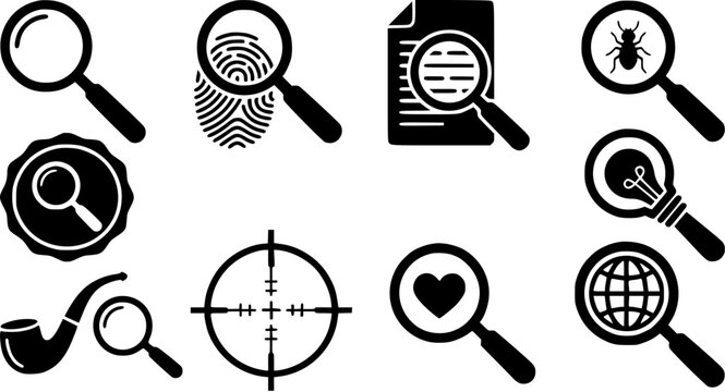 Set of magnifying glass icons with various symbols representing investigation, analysis, and discovery concepts.