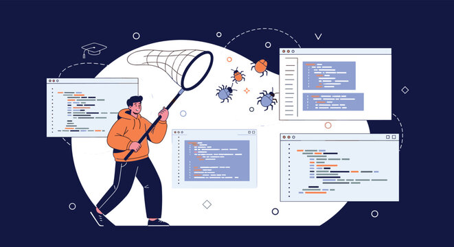 Software developer using net to catch bugs around code windows representing debugging and technical quality assurance.