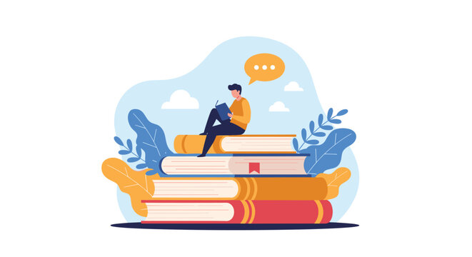 Small man sitting on stack of giant books and reading with speech bubble suggesting learning and knowledge accumulation.