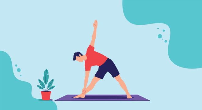 Athletic man practicing triangle yoga pose on purple mat against teal background for health and fitness promotion.