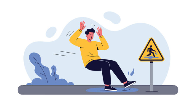 Young man slipping and falling on frozen puddle near warning sign illustrating dangerous winter season safety hazard.