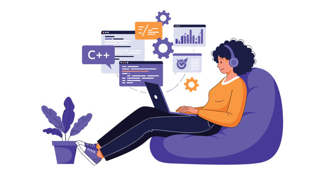 Skilled female programmer sitting in bean bag chair and using laptop to write complex computer code for software development.