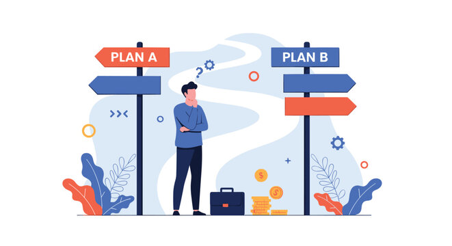 Confused man standing at crossroads and thinking about choosing between Plan A and Plan B for his career and future.