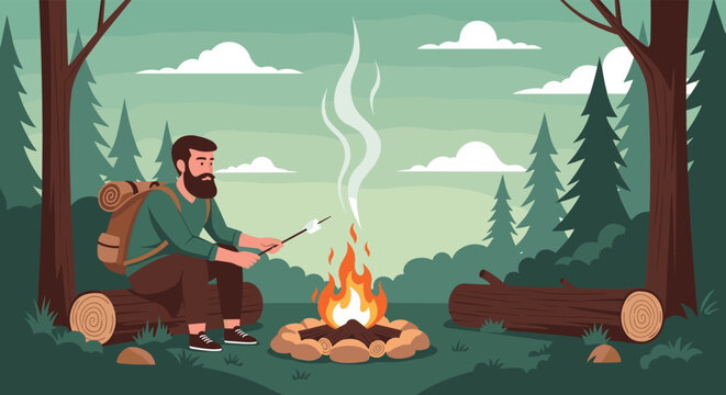 Lone traveler sits on a wooden log and roasts a marshmallow over a campfire deep within a serene pine forest at dusk.