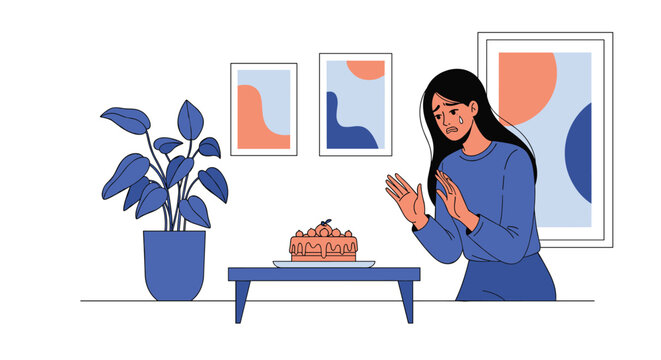 Woman feeling emotional distress and sadness while rejecting a delicious cake, depicting struggles with diet, health, or eating disorders.